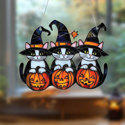 Halloween Cat Trio Window Hanging – Cute Black & White Witch Cats with Pumpkins, Spooky Fall Decor for Cat Lovers, Trick or Treat Home Gift