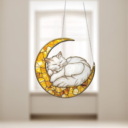 Sleeping White Cat on Crescent Moon Window Hanging – Cozy Cat Lover Decor for Peaceful Homes, Pet Memorials, or Relaxing Boho-Inspired Space
