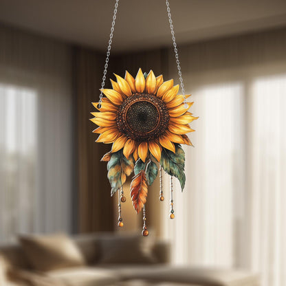 CoSunflower Window Hanging – Cheerful Floral Home Decor with Beads and Leaves, Perfect for Nature Lovers, Kitchen Windows, or Rustic Gifts