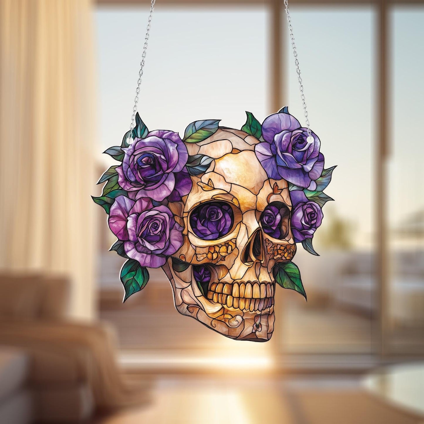 Skull with Purple Roses Window Hanging, Gothic Floral Home Decor, Unique Boho Chic Decoration