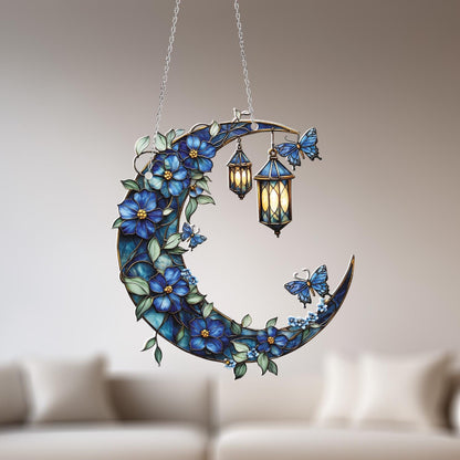 Blue Moon and Lantern Window Hanging, Floral Dreamy Home Decor, Butterfly and Flower Accent Decoration