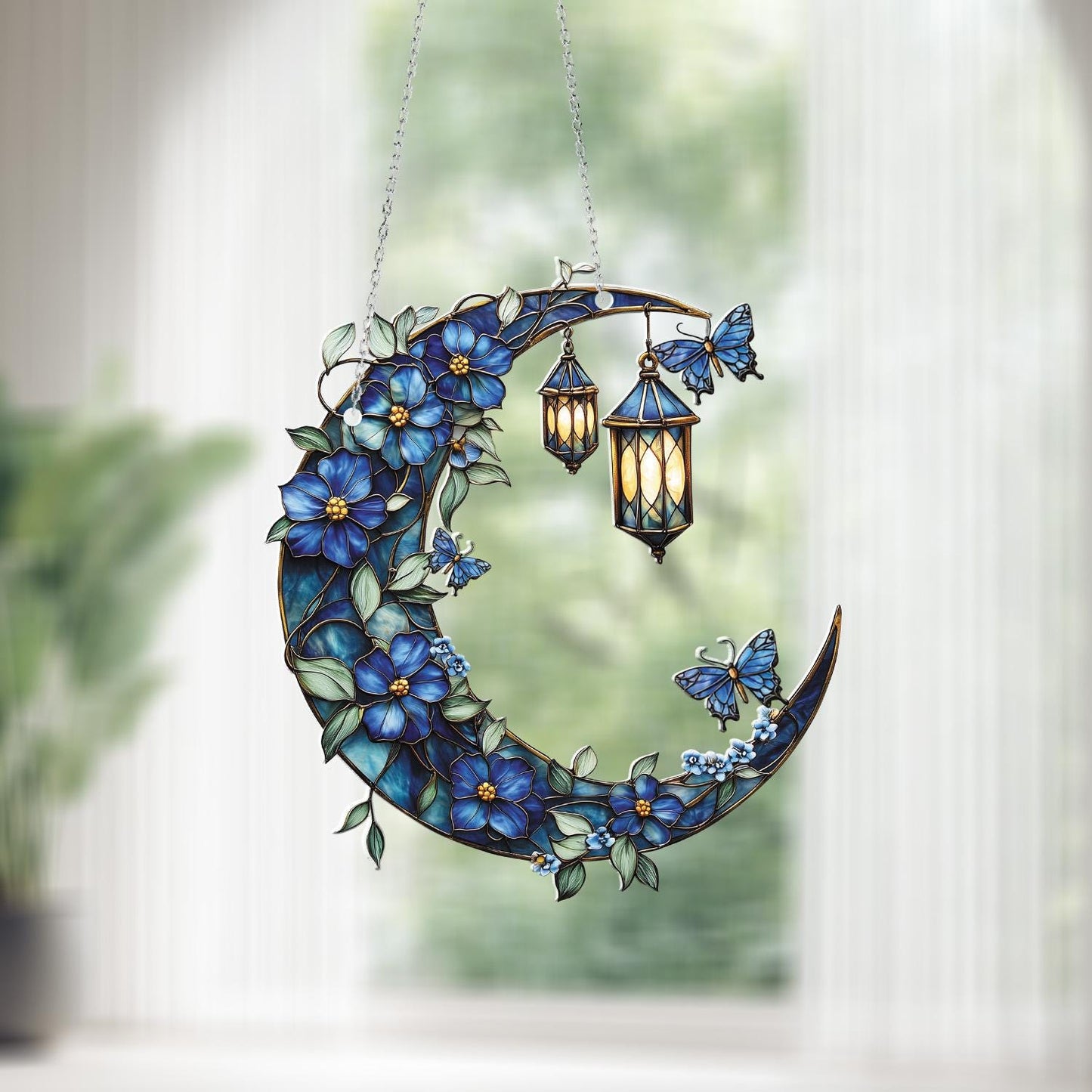 Blue Moon and Lantern Window Hanging, Floral Dreamy Home Decor, Butterfly and Flower Accent Decoration