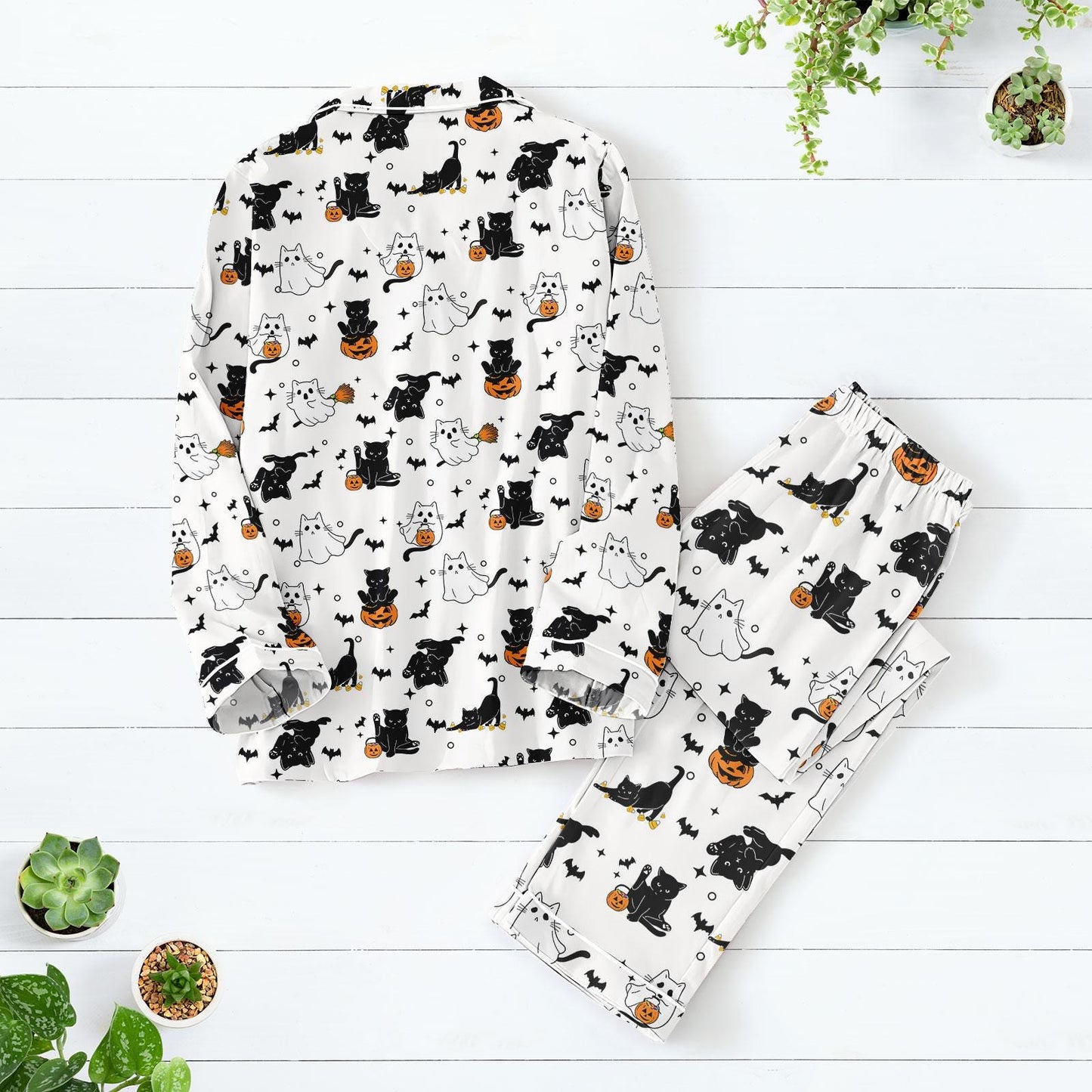 Black Cat Halloween Pajamas Set, Spooky Matching Pajamas Set, Cute Ghost Pajamas For Her, Cozy Fall Pajama Outfit For Her