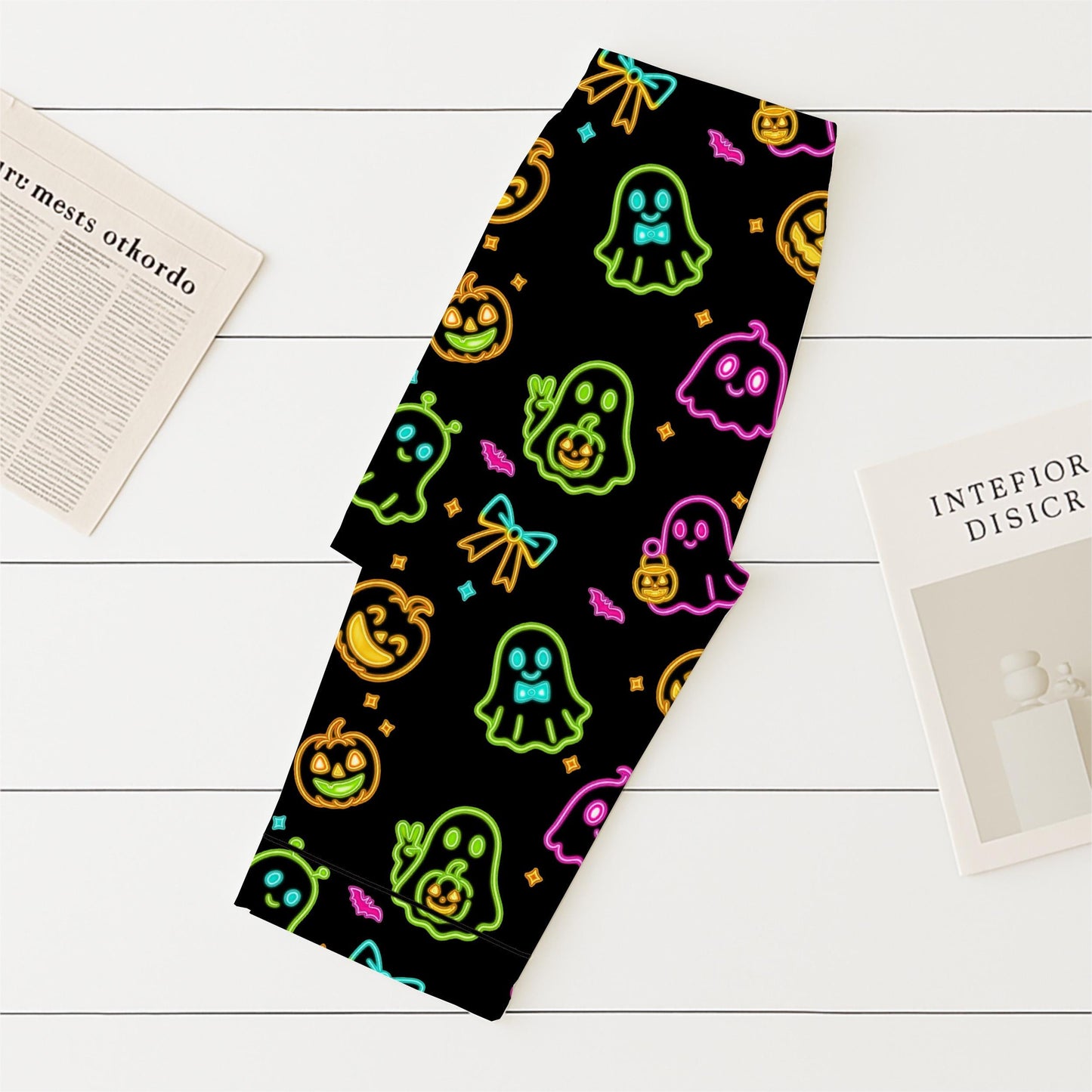 Halloween Neon Ghost And Pumpkin Pajamas Set, Cute Boo Sleepwear, Cozy Loungewear, Spooky Season Gift, Black Homewear, Halloween Gift