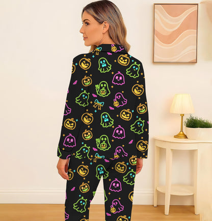 Halloween Neon Ghost And Pumpkin Pajamas Set, Cute Boo Sleepwear, Cozy Loungewear, Spooky Season Gift, Black Homewear, Halloween Gift