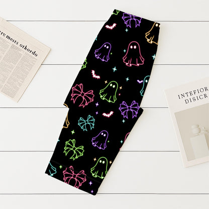 Halloween Neon Ghost And Bow Pajamas Set, Coquette Bow Sleepwear, Halloween Ghost Homewear, Spooky Season Gift, Halloween Gift