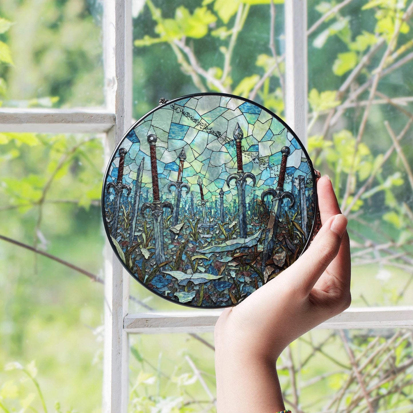 Sword field stained glass fantasy suncatcher mystical decor gift for him birthday Halloween gift