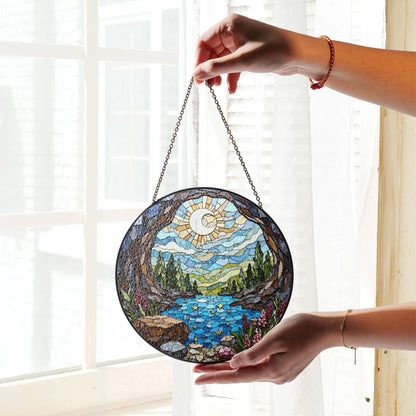 Moonlit forest river stained glass suncatcher landscape window decor gift for nature lover birthday or housewarming