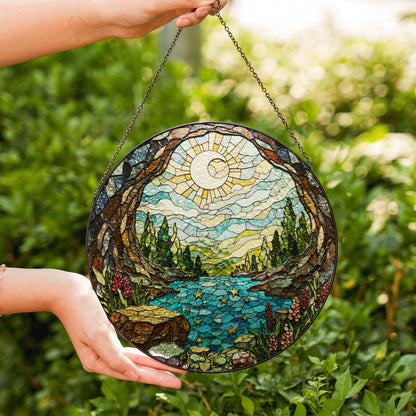 Moonlit forest river stained glass suncatcher landscape window decor gift for nature lover birthday or housewarming