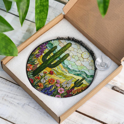 Colorful Desert Cactus Scene Round Suncatcher Window Hanging Southwest Decor Mothers Day Gift