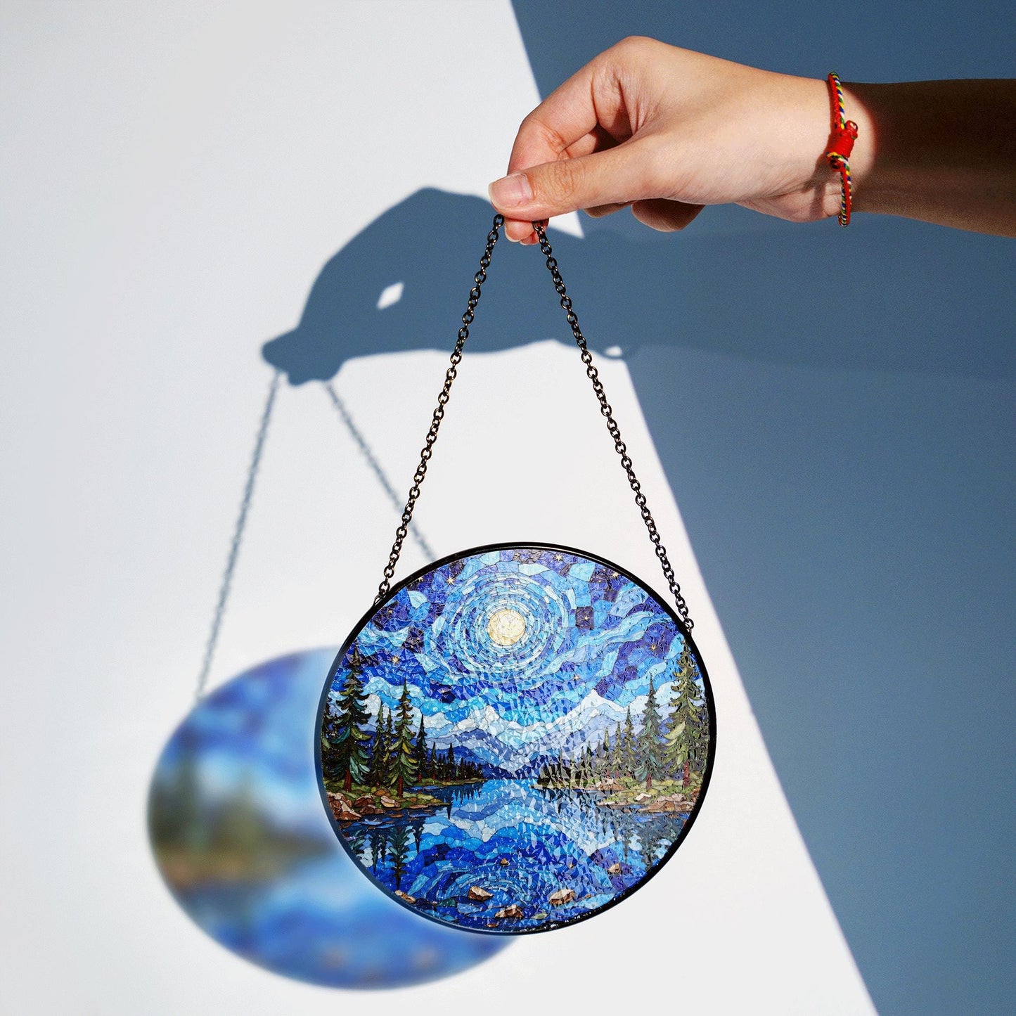 Moonlit lake forest stained glass suncatcher round window decor gift for nature lover or Christmas holiday