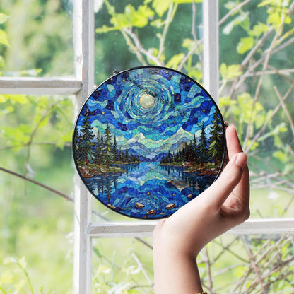 Moonlit lake forest stained glass suncatcher round window decor gift for nature lover or Christmas holiday