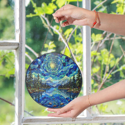 Moonlit lake forest stained glass suncatcher round window decor gift for nature lover or Christmas holiday