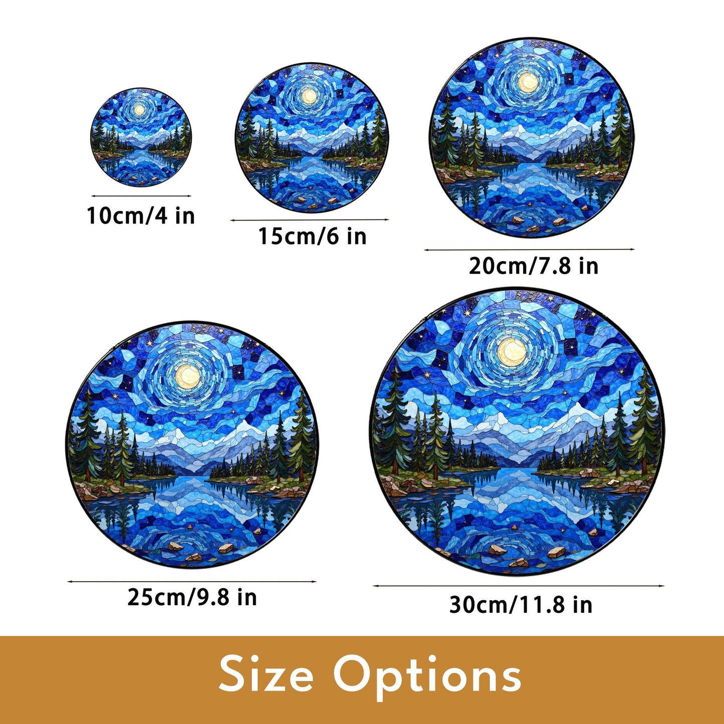 Moonlit lake forest stained glass suncatcher round window decor gift for nature lover or Christmas holiday