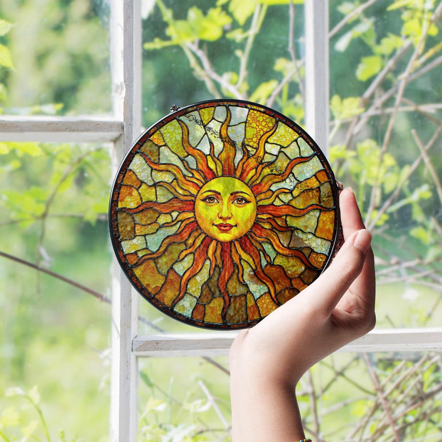 Radiant sun face stained glass suncatcher spiritual window decor unique mothers day gift