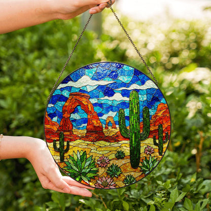 Desert cactus landscape suncatcher round stained glass window hanging for Southwest decor Mothers Day gift