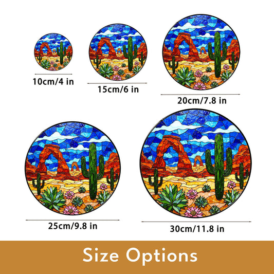 Desert cactus landscape suncatcher round stained glass window hanging for Southwest decor Mothers Day gift