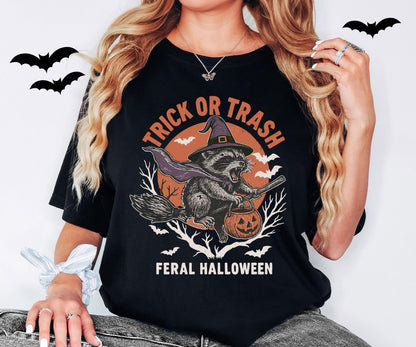 Trick or Trash Raccoon Shirt, Feral Halloween Sweatshirt, Spooky Raccoon T-Shirt, Womens Halloween Tee, Pumpkin Gift For Halloween Lovers