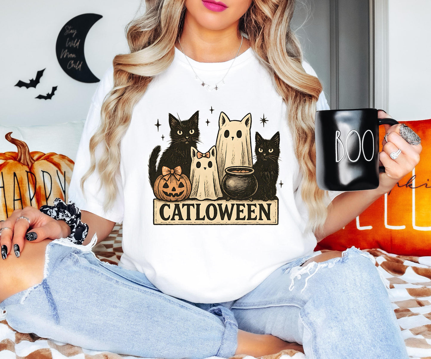 Ghost Cat Shirt, Cat Halloween Shirt, Spooky Black Cat Halloween Sweatshirt, Halloween For Pumpkin Gift, Cat Lover Halloween Tee