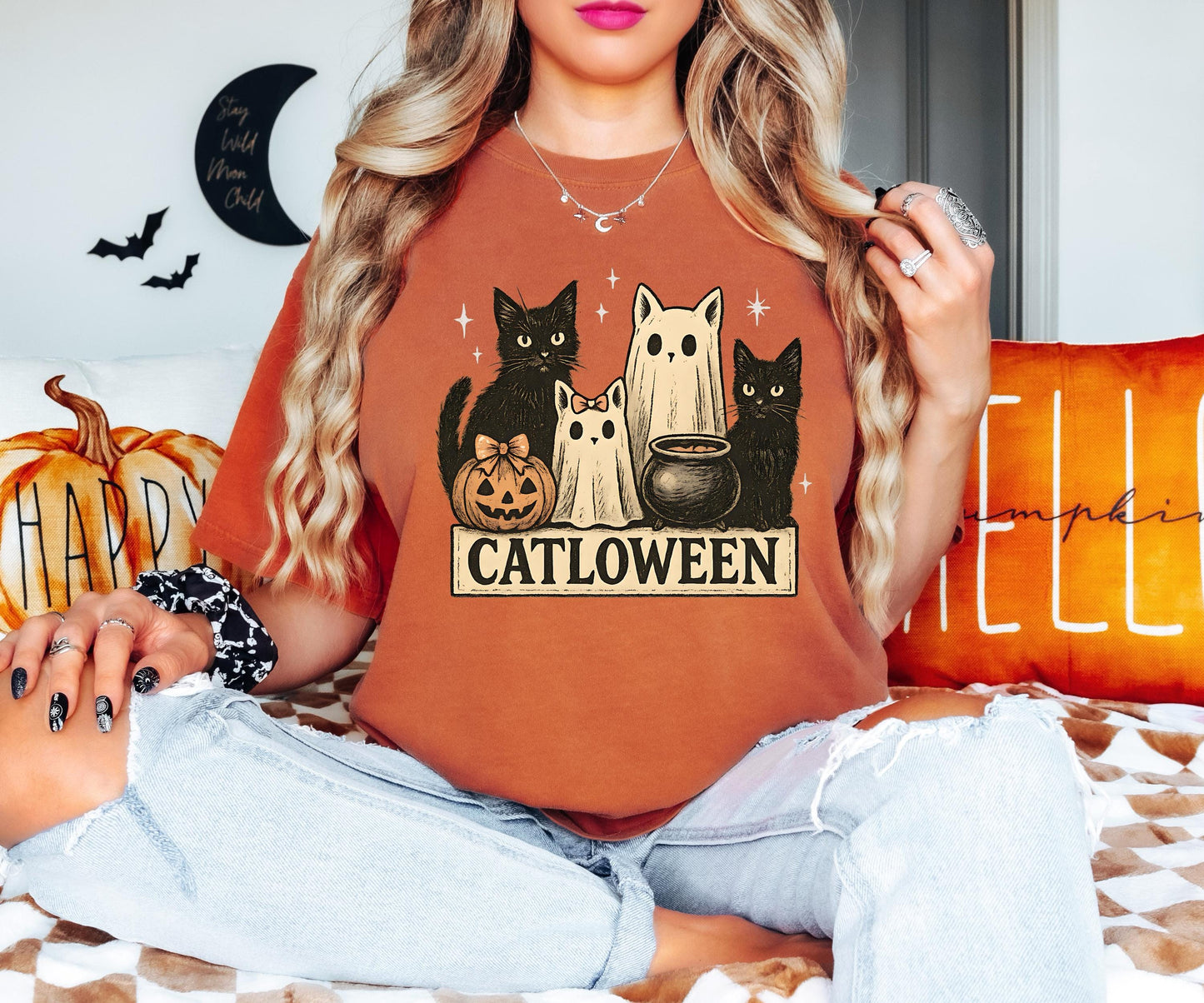 Ghost Cat Shirt, Cat Halloween Shirt, Spooky Black Cat Halloween Sweatshirt, Halloween For Pumpkin Gift, Cat Lover Halloween Tee