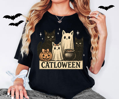 Ghost Cat Shirt, Cat Halloween Shirt, Spooky Black Cat Halloween Sweatshirt, Halloween For Pumpkin Gift, Cat Lover Halloween Tee