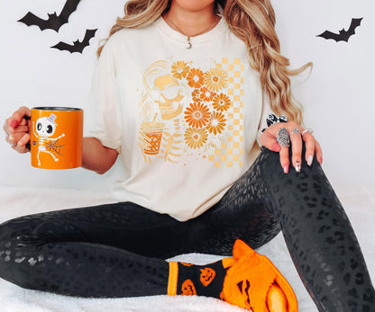 Checkered Skeleton Floral Woman Halloween Shirt, Skull Halloween Tee, Spooky Skeleton Sweatshirt, Fall Flowers Skeleton Tee