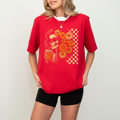 Checkered Skeleton Floral Woman Halloween Shirt, Skull Halloween Tee, Spooky Skeleton Sweatshirt, Fall Flowers Skeleton Tee
