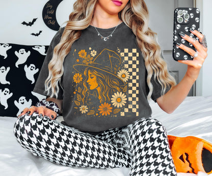 Checkered Witchy Shirt, Checkered Halloween Shirt, Floral Witchy Sweatshirt, Feminism Halloween T-Shirt, Womens Retro Boho Floral Witch Tee