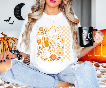 Checkered Witchy Shirt, Checkered Halloween Shirt, Floral Witchy Sweatshirt, Feminism Halloween T-Shirt, Womens Retro Boho Floral Witch Tee