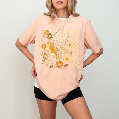 Checkered Witchy Shirt, Checkered Halloween Shirt, Floral Witchy Sweatshirt, Feminism Halloween T-Shirt, Womens Retro Boho Floral Witch Tee