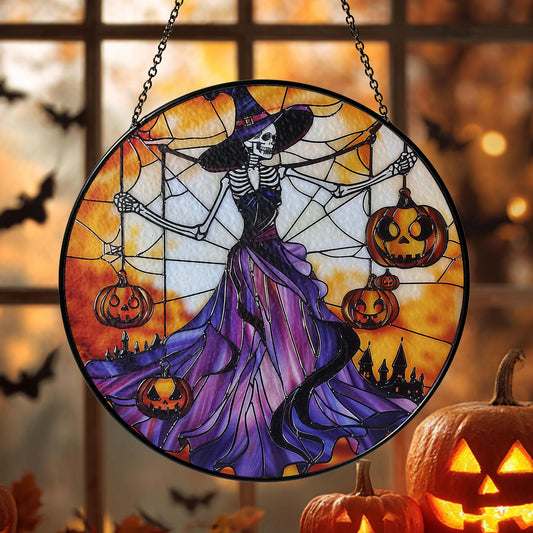 Gothic Halloween Stained Glass Suncatcher – Skeleton Witch in Purple Dress Holding Jack-o'-Lanterns with Spider Web and Haunted Castle
