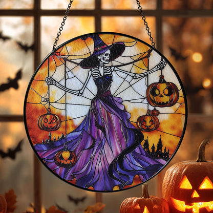 Gothic Halloween Stained Glass Suncatcher – Skeleton Witch in Purple Dress Holding Jack-o'-Lanterns with Spider Web and Haunted Castle
