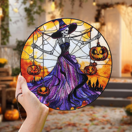 Gothic Halloween Stained Glass Suncatcher – Skeleton Witch in Purple Dress Holding Jack-o'-Lanterns with Spider Web and Haunted Castle