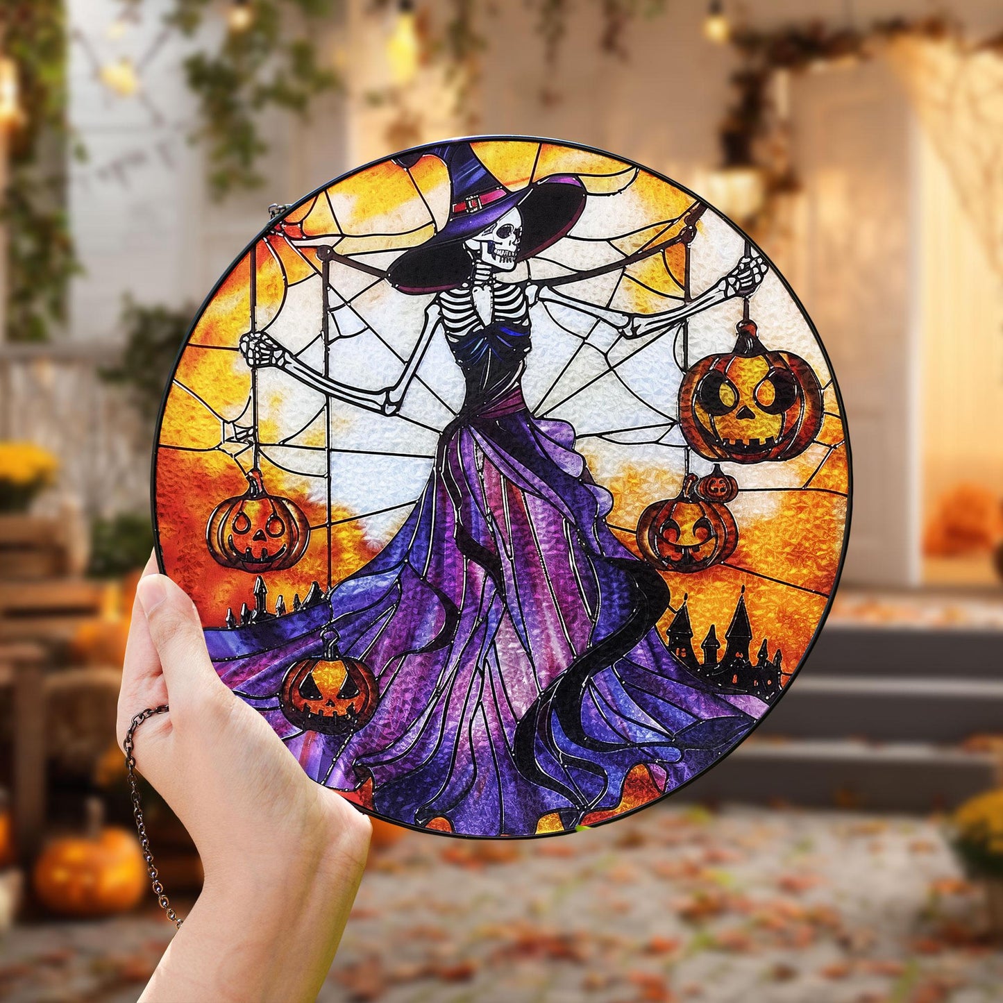 Gothic Halloween Stained Glass Suncatcher – Skeleton Witch in Purple Dress Holding Jack-o'-Lanterns with Spider Web and Haunted Castle