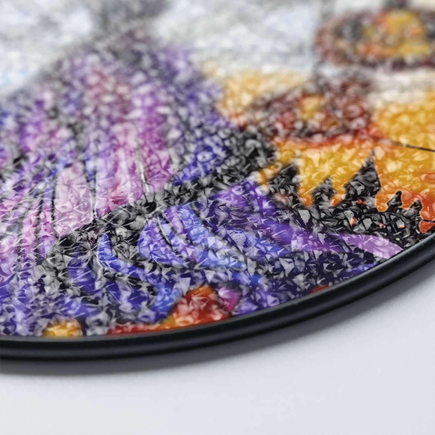 Gothic Halloween Stained Glass Suncatcher – Skeleton Witch in Purple Dress Holding Jack-o'-Lanterns with Spider Web and Haunted Castle