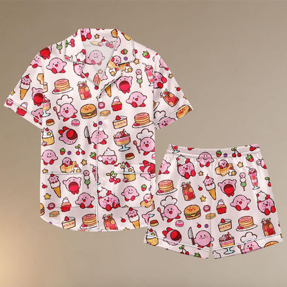 Pink Foodie Character Satin Pajama Set, Cute Dessert Print PJs for Women, Kawaii Chef Loungewear, Button Up Sleep Shorts Set