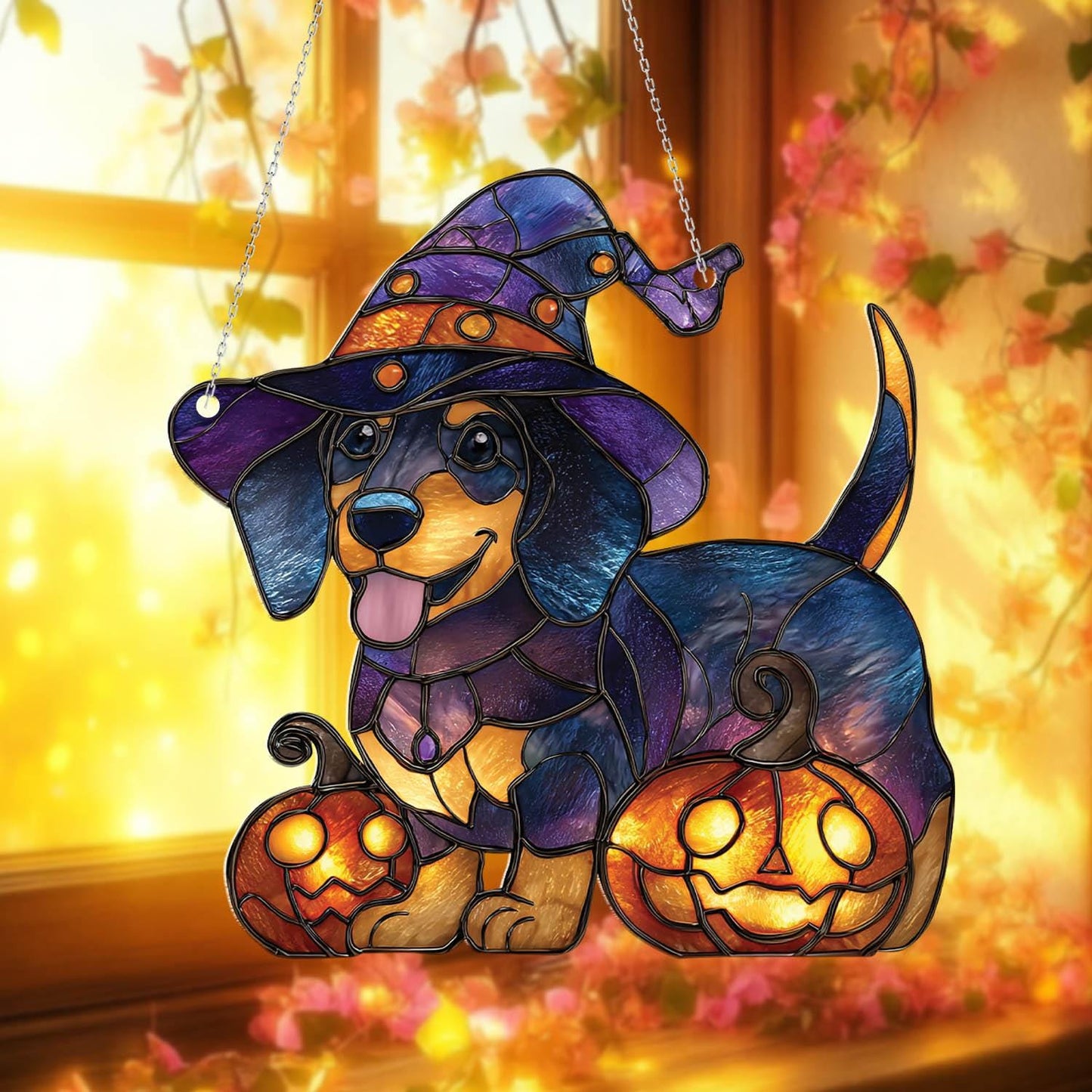 Halloween Dog Window Hanging, Witch Dog Decor, Pumpkin Halloween Decoration, Spooky Pet Decor, Halloween Home Decor, Fall Window Hanging