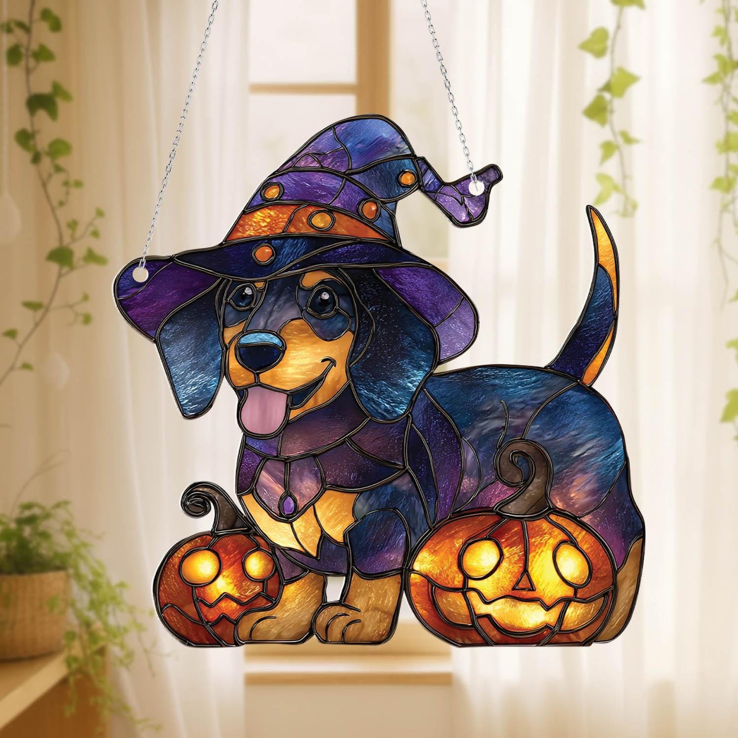 Halloween Dog Window Hanging, Witch Dog Decor, Pumpkin Halloween Decoration, Spooky Pet Decor, Halloween Home Decor, Fall Window Hanging