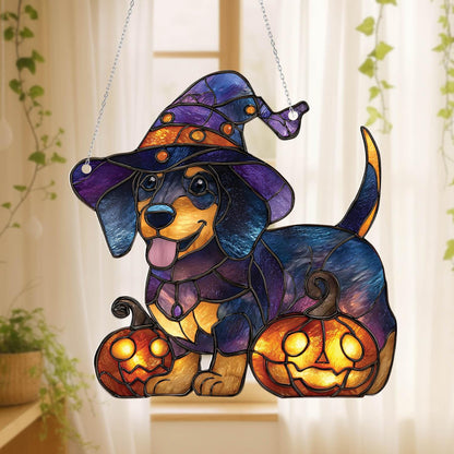 Halloween Dog Window Hanging, Witch Dog Decor, Pumpkin Halloween Decoration, Spooky Pet Decor, Halloween Home Decor, Fall Window Hanging