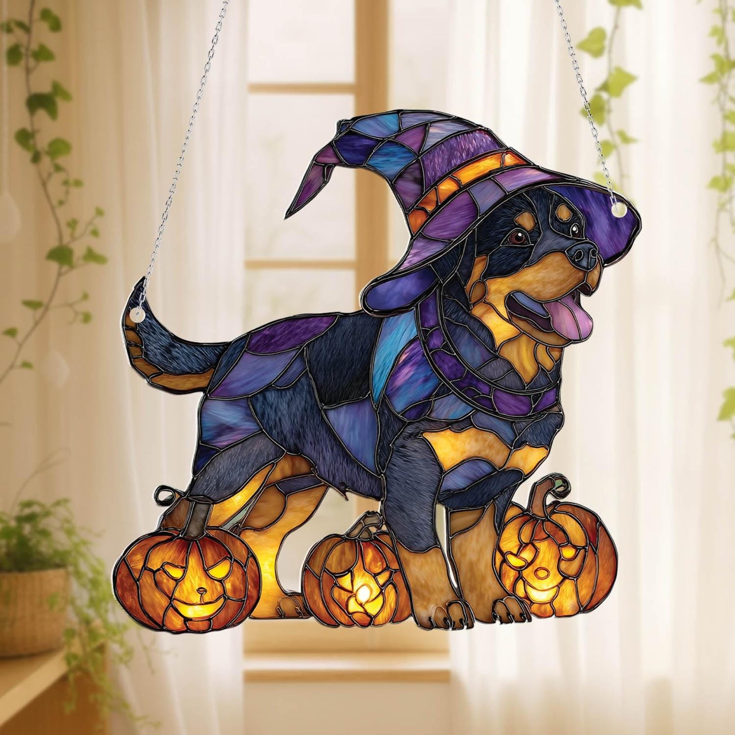 Halloween Rottweiler Window Hanging, Witch Dog Decor, Pumpkin Halloween Decoration, Spooky Pet Ornament,Fall Dog Decor, Halloween Home Decor