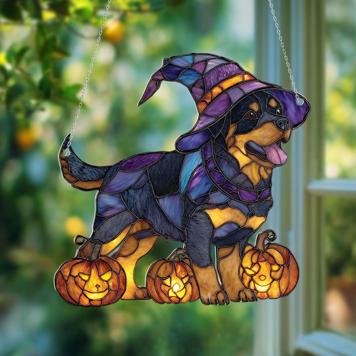 Halloween Rottweiler Window Hanging, Witch Dog Decor, Pumpkin Halloween Decoration, Spooky Pet Ornament,Fall Dog Decor, Halloween Home Decor