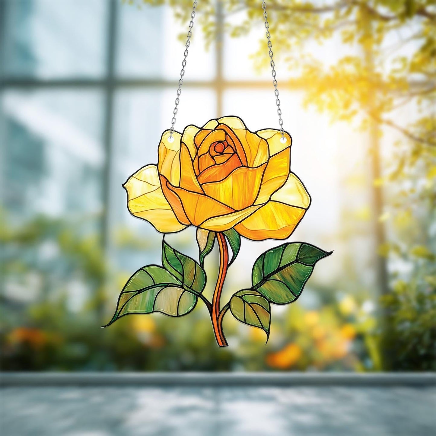 Yellow Rose Window Hanging, Floral Window Art, Stained Window Decoration, Home Decor, Vibrant Flower Art, Unique Window Decoration