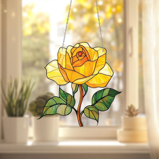 Yellow Rose Window Hanging, Floral Window Art, Stained Window Decoration, Home Decor, Vibrant Flower Art, Unique Window Decoration