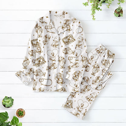 Dachshund Satin Pajama Set, Vintage Line Art Dog Print Long PJs, Sausage Dog Lover Sleepwear, Cozy Pet-Themed Loungewear