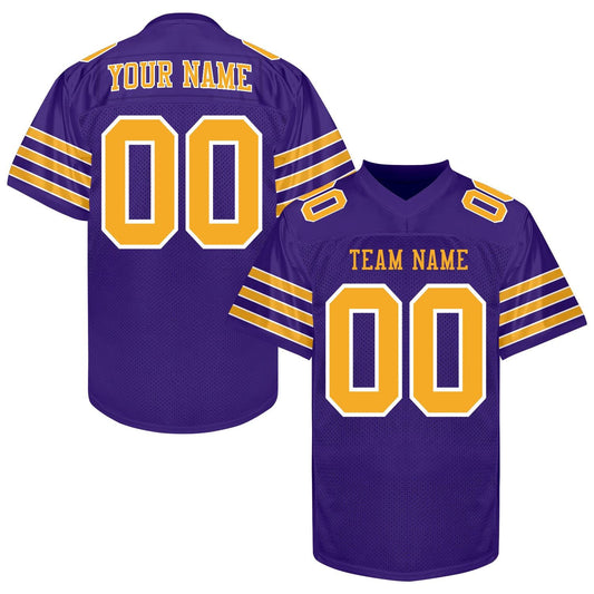 Custom Purple Football Jersey Name Number Logo, Purple Gold Football Uniform Men Women Youth Kid, Game Day Sports Jersey Streetwear Jersey