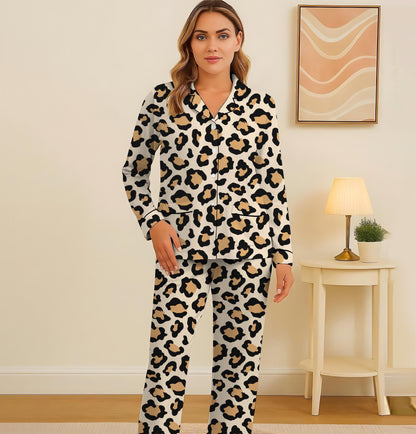 Leopard Pajamas Set, Animal Loungewear, Beige And Black Homewear, Cozy Sleepwear, Cute Leopard Nightwear For Women Men, Halloween Gift