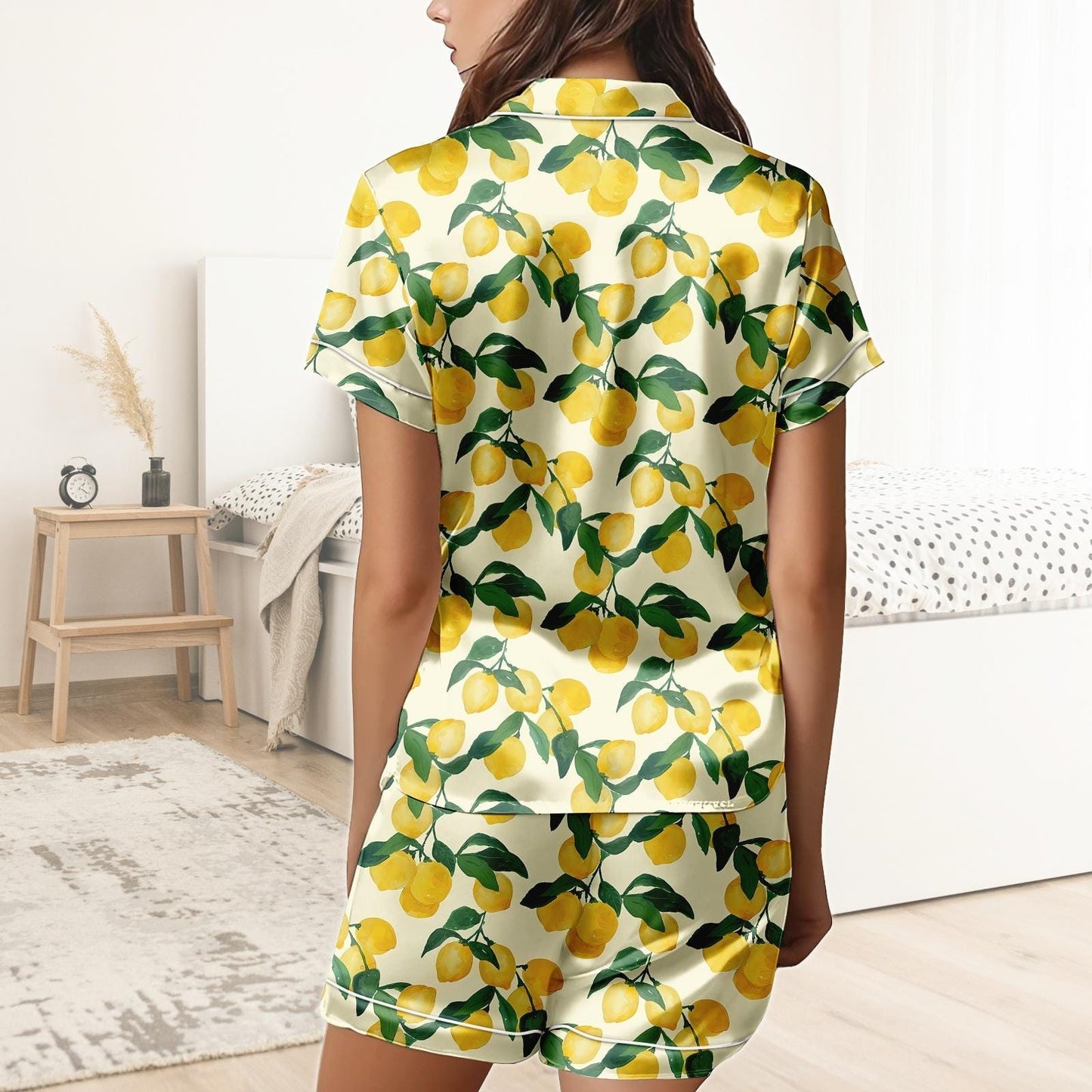 Lemon Short Satin Pajamas, Kawaii Lemon Pajamas Women, Summer Pajama Shorts For Women, Bridal Party Silk Pajamas Women