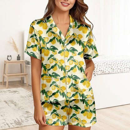 Lemon Short Satin Pajamas, Kawaii Lemon Pajamas Women, Summer Pajama Shorts For Women, Bridal Party Silk Pajamas Women