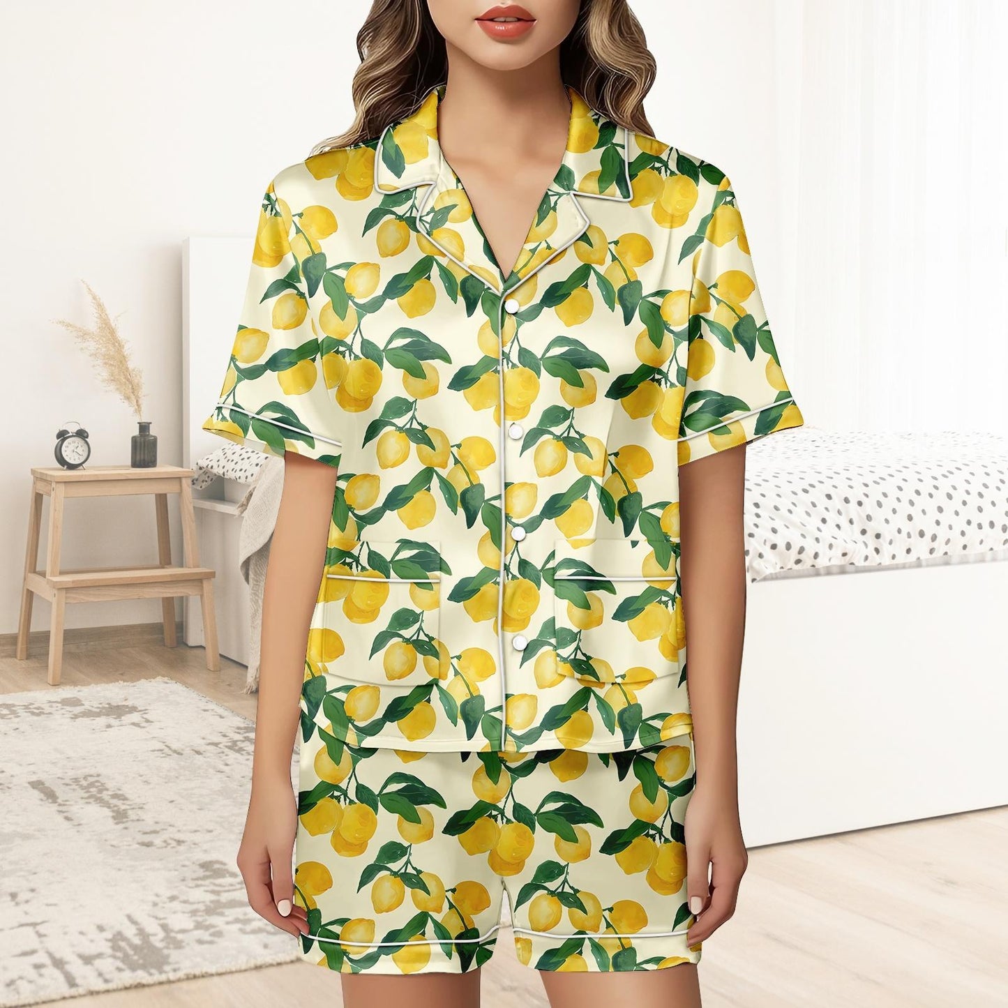 Lemon Short Satin Pajamas, Kawaii Lemon Pajamas Women, Summer Pajama Shorts For Women, Bridal Party Silk Pajamas Women