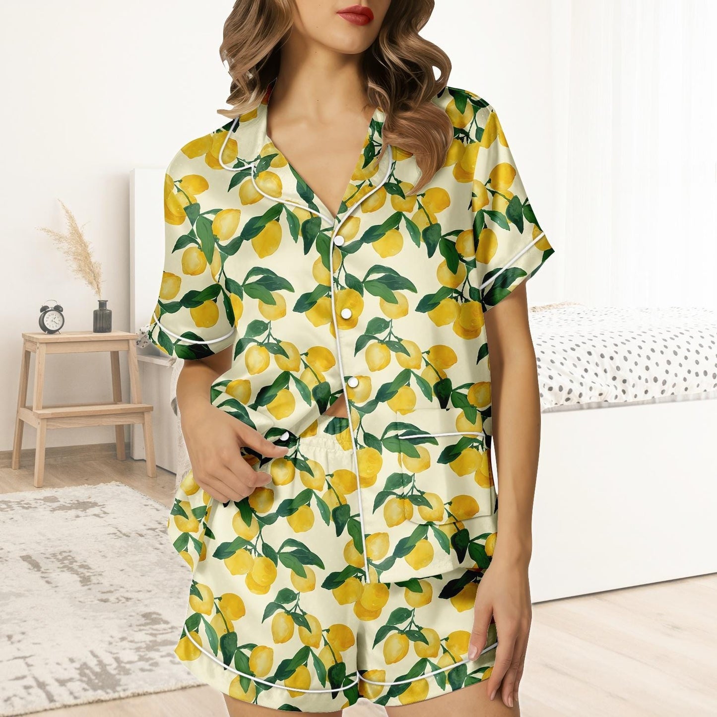 Lemon Short Satin Pajamas, Kawaii Lemon Pajamas Women, Summer Pajama Shorts For Women, Bridal Party Silk Pajamas Women